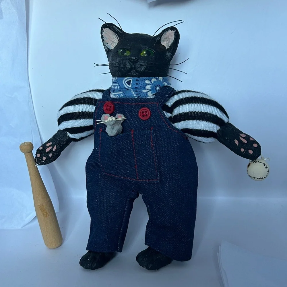 Primitive Looking Black Cat Figurine Handmade Folk Art Doll in Denim Overalls